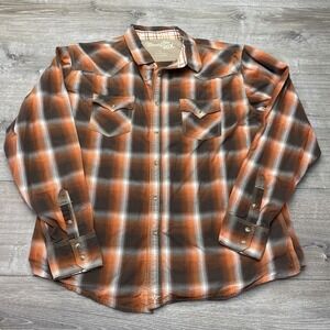 Wrangler 20X Shirt Mens 2XL Orange Plaid Long Sleeve Snap Front Western Casual